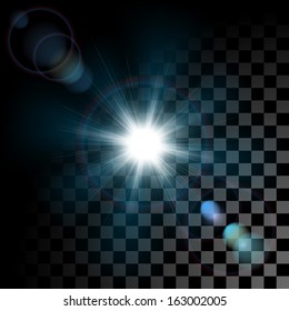 Vector glowing light effect star bursts with sparkles on transparent background. Transparent sun beam diffraction with bokeh effect.