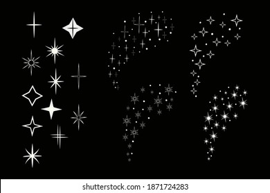 Colección de estrellas y ráfagas de efecto luminoso vectorial.Tejido de decoración, relámpago brillante, fuegos artificiales brillantes.Icono brillante de estrellas navideñas.