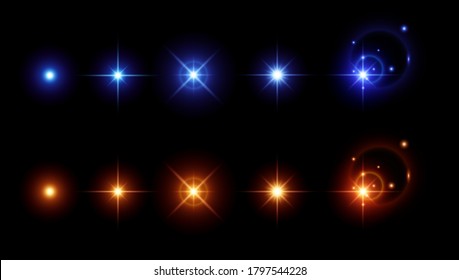 Vector Glowing Light Effects Set. Stars Bursts Blink With Sparkles Elements For Any Image. Transparent Lens Flares Ultramarine Bling Glow.