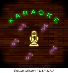 Vector Glowing Light Karaoke on Red Wall Brick Background. Musical Logo with Microphone. Colorful Line Icon. Sign Board of Music Bar