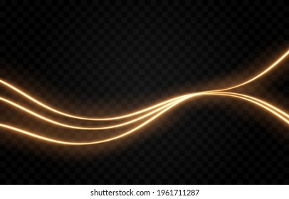 Vector Glowing Light Lines. Neon Light Effect Png. Golden Light Wavy Lines Png, Magical Glow, Shine.	