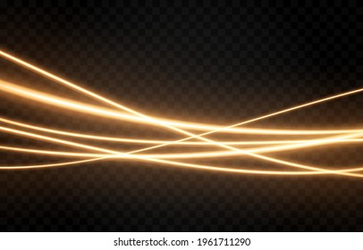 Vector glowing light lines. Neon light effect png. Golden light wavy lines png, magical glow, shine.	