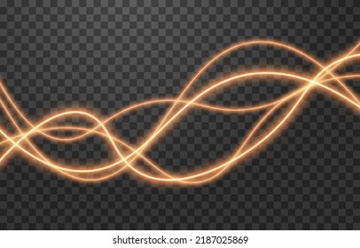 Vector glowing light lines. Glowing spiral. Neon light, light effect png. Golden light line png, magic glow, radiance.