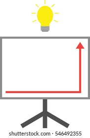 Vector glowing light yellow bulb above presentation chart with red arrow moving up.