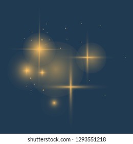 Vector glowing lights effect, flare, explosian and stars. Special effect isolated on dark background background. Gold. Yellow. Vector Eps10.