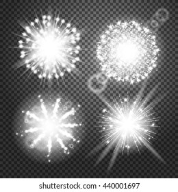 Vector Glowing lights Effects isolated on transparent background. Flash Effects with Transparency. Firework Isolated Pictograms, Lens Effects, Glowing lights, flares, rays, Stars, sparkles, Bokeh set