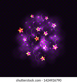 Vector Glowing Lights and Star Shaped Confetti Isolated on Dark Transparent Background, Decorative Elements Template.