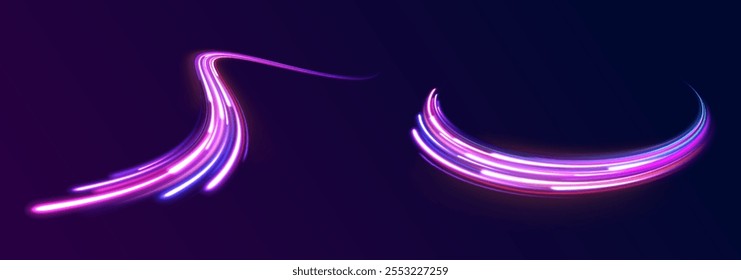 Vector glowing lines air flow effect. Light trail wave, fire path trace line, car lights, optic fiber and incandescence curve twirl. Big data traffic visualization, dynamic high speed, png, effect. 