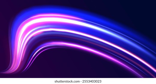 Vector glowing lines air flow effect. Light trail wave, fire path trace line, car lights, optic fiber and incandescence curve twirl. Big data traffic visualization, dynamic high speed, png, effect.