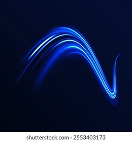 Vector glowing lines air flow effect. Light trail wave, fire path trace line, car lights, optic fiber and incandescence curve twirl. Big data traffic visualization, dynamic high speed, 
png, effect. 