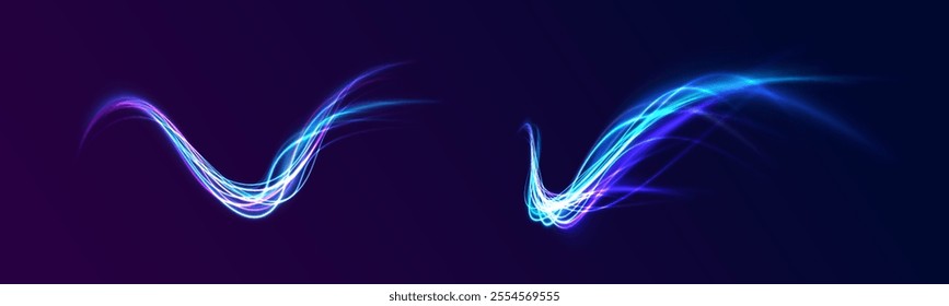 Vector glowing lines air flow effect. Speed connection background. Expressway, car headlight effect. Speed connection vector background. Png, line, blur, beam, ray, abstract, energy, pack, effect.