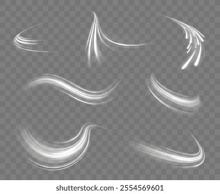 Vector glowing lines air flow effect. Speed connection background. Expressway, car headlight effect. Speed connection vector background. Png, line, blur, beam, ray, abstract, energy, pack, effect.