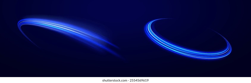 Vector glowing lines air flow effect. Light trail wave, fire path trace line, car lights, optic fiber and incandescence curve twirl. Big data traffic visualization, dynamic high speed, 
png, effect. 