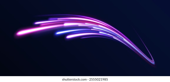 Vector glowing lines air flow effect. Speed connection background. Expressway, car headlight effect. Speed connection vector background. Png, line, blur, beam, ray, abstract, energy, pack, effect. 