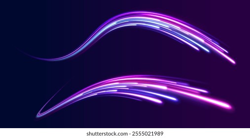 Vector glowing lines air flow effect. Speed connection background. Expressway, car headlight effect. Speed connection vector background. Png, line, blur, beam, ray, abstract, energy, pack, effect. 