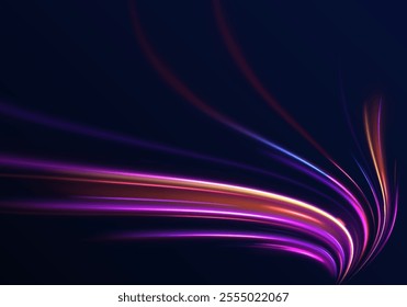 Vector glowing lines air flow effect. Speed connection background. Expressway, car headlight effect. Speed connection vector background. Png, line, blur, beam, ray, abstract, energy, pack, effect. 