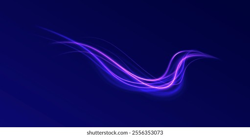 Vector glowing lines air flow effect. Light trail wave, fire path trace line, car lights, optic fiber and incandescence curve twirl. Big data traffic visualization, dynamic high speed, png, effect.