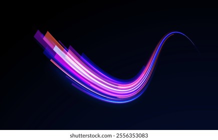 Vector glowing lines air flow effect. Speed connection background. Expressway, car headlight effect. Speed connection vector background. Png, line, blur, beam, ray, abstract, energy, pack, effect. 