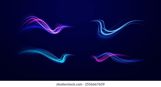 Vector glowing lines air flow effect. Light trail wave, fire path trace line, car lights, optic fiber and incandescence curve twirl. Big data traffic visualization, dynamic high speed, png, effect.