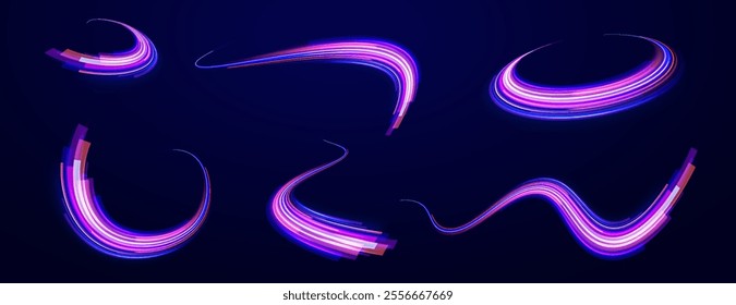 Vector glowing lines air flow effect. Speed connection background. Expressway, car headlight effect. Speed connection vector background. Png, line, blur, beam, ray, abstract, energy, pack, effect. 