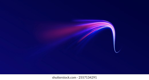 Vector glowing lines air flow effect. Light trail wave, fire path trace line, car lights, optic fiber and incandescence curve twirl. Big data traffic visualization, dynamic high speed, png, effect. 