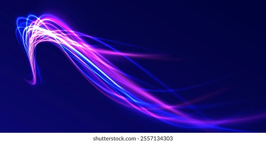 Vector glowing lines air flow effect. Speed connection background. Expressway, car headlight effect. Speed connection vector background. Png, line, blur, beam, ray, abstract, energy, pack, effect.