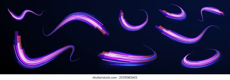 Vector glowing lines air flow effect. Speed connection background. Expressway, car headlight effect. Speed connection vector background. Png, line, blur, beam, ray, abstract, energy, pack, effect. 