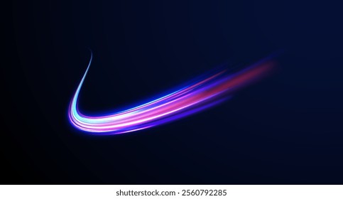 Vector glowing lines air flow effect. Light trail wave, fire path trace line, car lights, optic fiber and incandescence curve twirl. Big data traffic visualization, dynamic high speed, png, effect. 