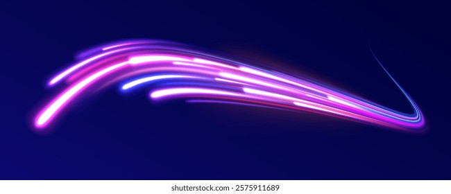 Vector glowing lines air flow effect. Speed connection background. Expressway, car headlight effect. Speed connection vector background. Png, line, blur, beam, ray, abstract, energy, pack, effect.