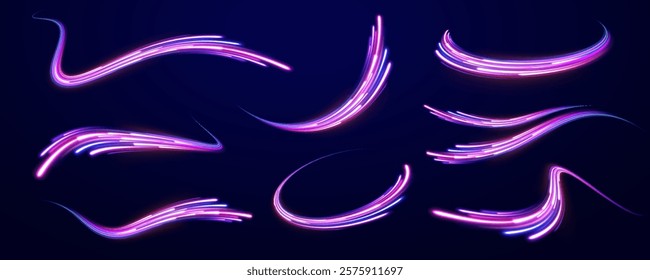 Vector glowing lines air flow effect. Light trail wave, fire path trace line, car lights, optic fiber and incandescence curve twirl. Big data traffic visualization, dynamic high speed, png, effect. 