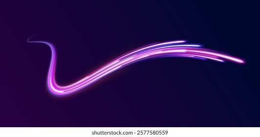 Vector glowing lines air flow effect. Light trail wave, fire path trace line, car lights, optic fiber and incandescence curve twirl. Big data traffic visualization, dynamic high speed, png, effect. 