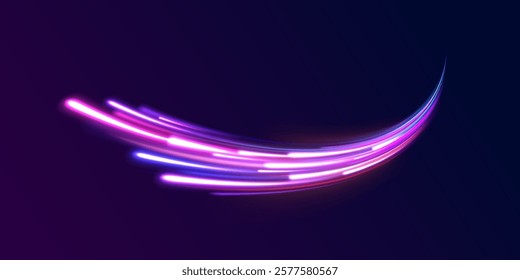 Vector glowing lines air flow effect. Light trail wave, fire path trace line, car lights, optic fiber and incandescence curve twirl. Big data traffic visualization, dynamic high speed, png, effect. 