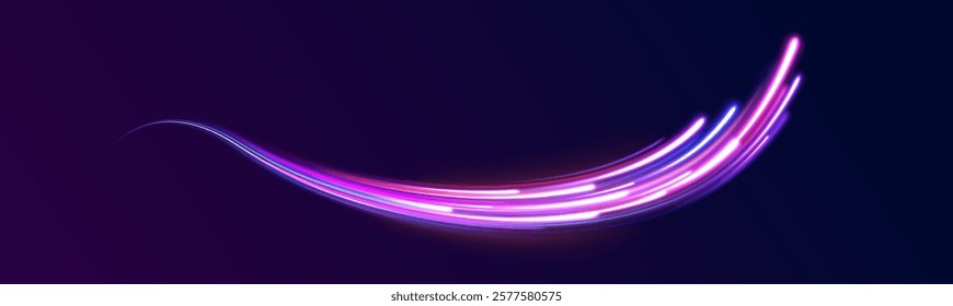 Vector glowing lines air flow effect. Speed connection background. Expressway, car headlight effect. Speed connection vector background. Png, line, blur, beam, ray, abstract, energy, pack, effect.