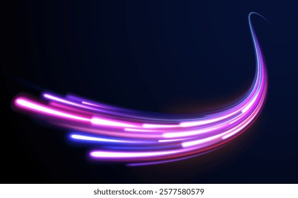 Vector glowing lines air flow effect. Speed connection background. Expressway, car headlight effect. Speed connection vector background. Png, line, blur, beam, ray, abstract, energy, pack, effect.