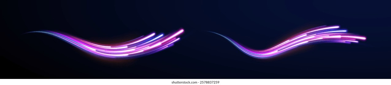 Vector glowing lines air flow effect. Light trail wave, fire path trace line, car lights, optic fiber and incandescence curve twirl. Big data traffic visualization, dynamic high speed, png, effect. 