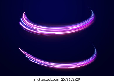 Vector glowing lines air flow effect. Light trail wave, fire path trace line, car lights, optic fiber and incandescence curve twirl. Big data traffic visualization, dynamic high speed, png, effect. 