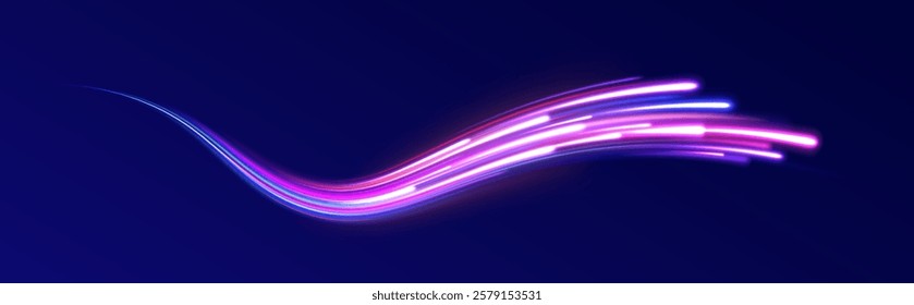 Vector glowing lines air flow effect. Light trail wave, fire path trace line, car lights, optic fiber and incandescence curve twirl. Big data traffic visualization, dynamic high speed, png, effect. 