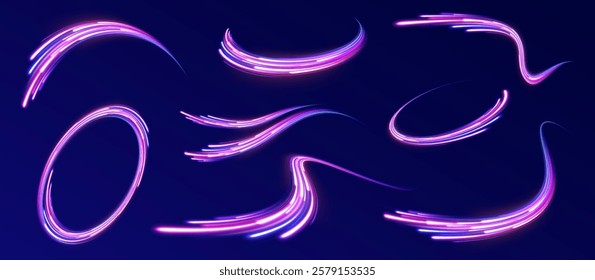 Vector glowing lines air flow effect. Light trail wave, fire path trace line, car lights, optic fiber and incandescence curve twirl. Big data traffic visualization, dynamic high speed, png, effect. 