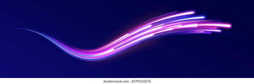 Vector glowing lines air flow effect. Speed connection background. Expressway, car headlight effect. Speed connection vector background. Png, line, blur, beam, ray, abstract, energy, pack, effect.