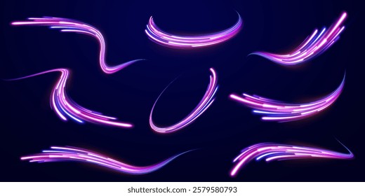 Vector glowing lines air flow effect. Light trail wave, fire path trace line, car lights, optic fiber and incandescence curve twirl. Big data traffic visualization, dynamic high speed, png, effect. 