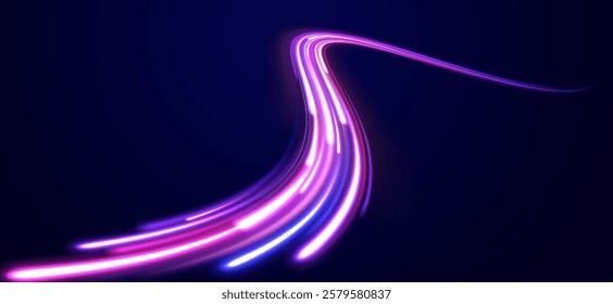 Vector glowing lines air flow effect. Speed connection background. Expressway, car headlight effect. Speed connection vector background. Png, line, blur, beam, ray, abstract, energy, pack, effect.