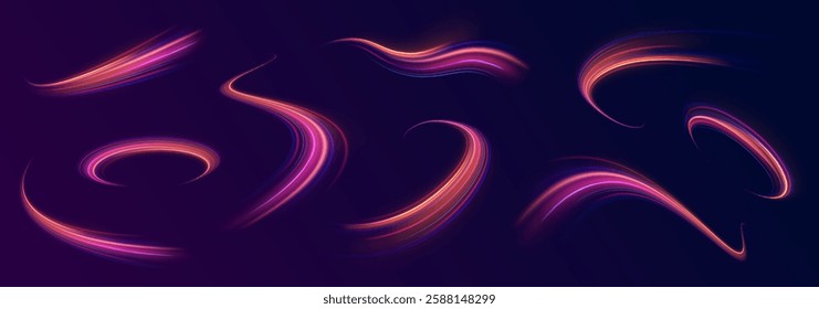 Vector glowing lines air flow effect. Speed connection background. Expressway, car headlight effect. Speed connection vector background. Png, line, blur, beam, ray, abstract, energy, pack, effect.