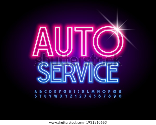 Vector glowing logo Auto Service.\
Blue electric Font. Neon Alphabet Letters and Numbers\
set
