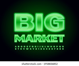 Gran mercado con el logotipo de los vectores. Fuente iluminada verde. Conjunto de letras y números de alfabeto negrita