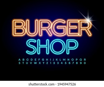Vector glowing logo Burger Shop. Creative electric Font. Blue Neon Alphabet Letters and Numbers set