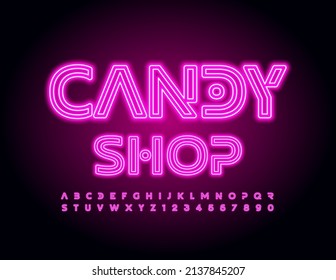 Vector glowing logo Candy Shop. Unique electric Font. Pink Neon set of Alphabet Letters and Numbers