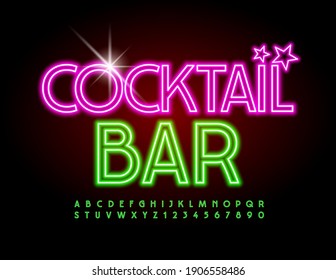 Vector glowing logo Cocktail Bar. Illuminated Led Font. Green Neon Alphabet Letters and Numbers set