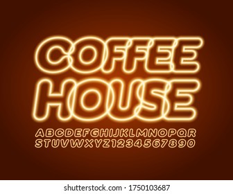 Vektor leuchtendes Logo Kaffeehaus mit Elektrischer Leuchtschrift. Trendy Neon Alphabet Letters and Numbers