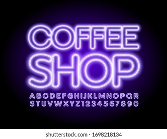 Logotipo brilhante do vetor Cafeteria com fonte elétrica violeta. Letras e Números do Alfabeto Neon