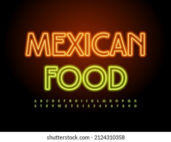 Vector glowing logo Mexican Food. Neon bright Font. Modern electric Alphabet Letters and Numbers set